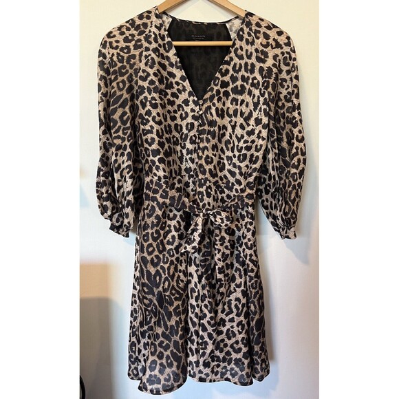 All Saints Ilora Leppo Leopard Print Silk Linen Blend 3/4 Sleeve Mini Dr… - Picture 4 of 11